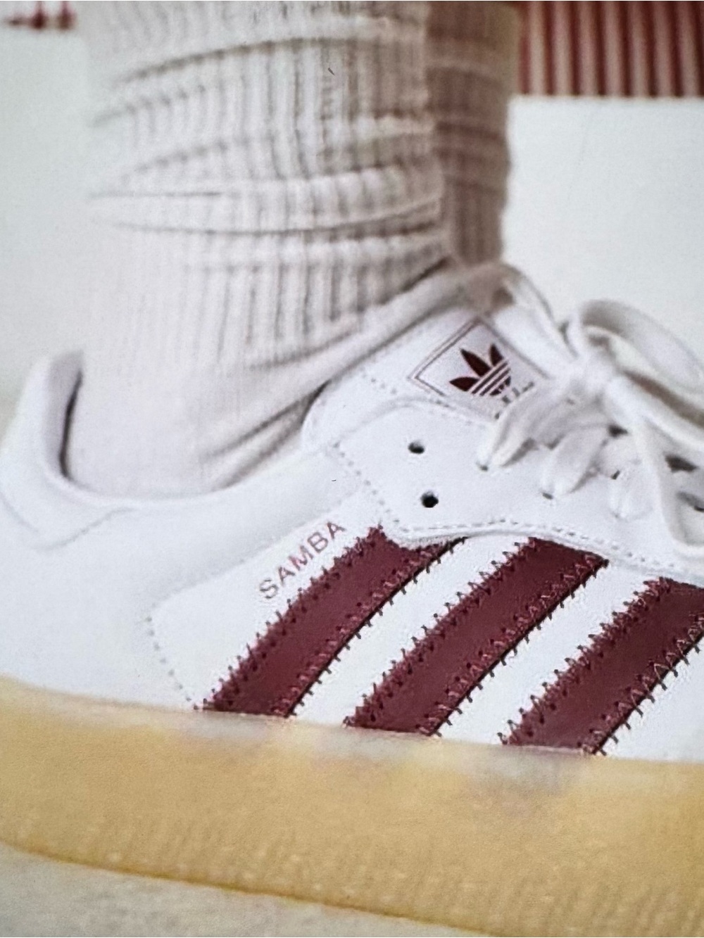 NWOT or box adidas White Samba Sneakers with Burgundy Stripes Sz 9.5